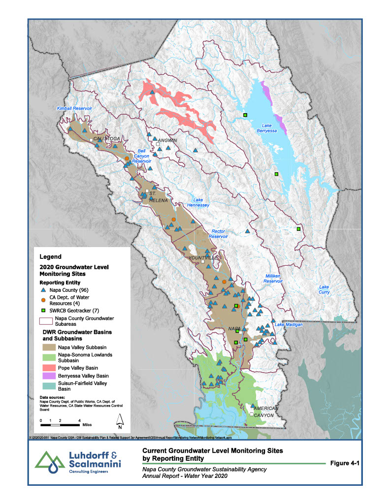 Map of the current groundwater level monitoring wells in napa county in 2020